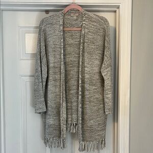 Gray Open-Front Sweater with Fringe
